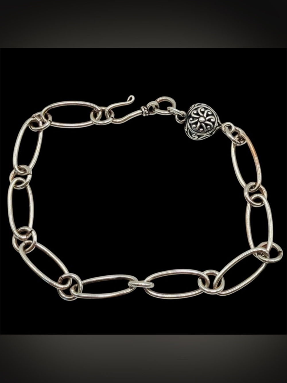 Sterling Silver Oval Link Bracelet with Filigree Heart Charm Clasp Minimal Layer